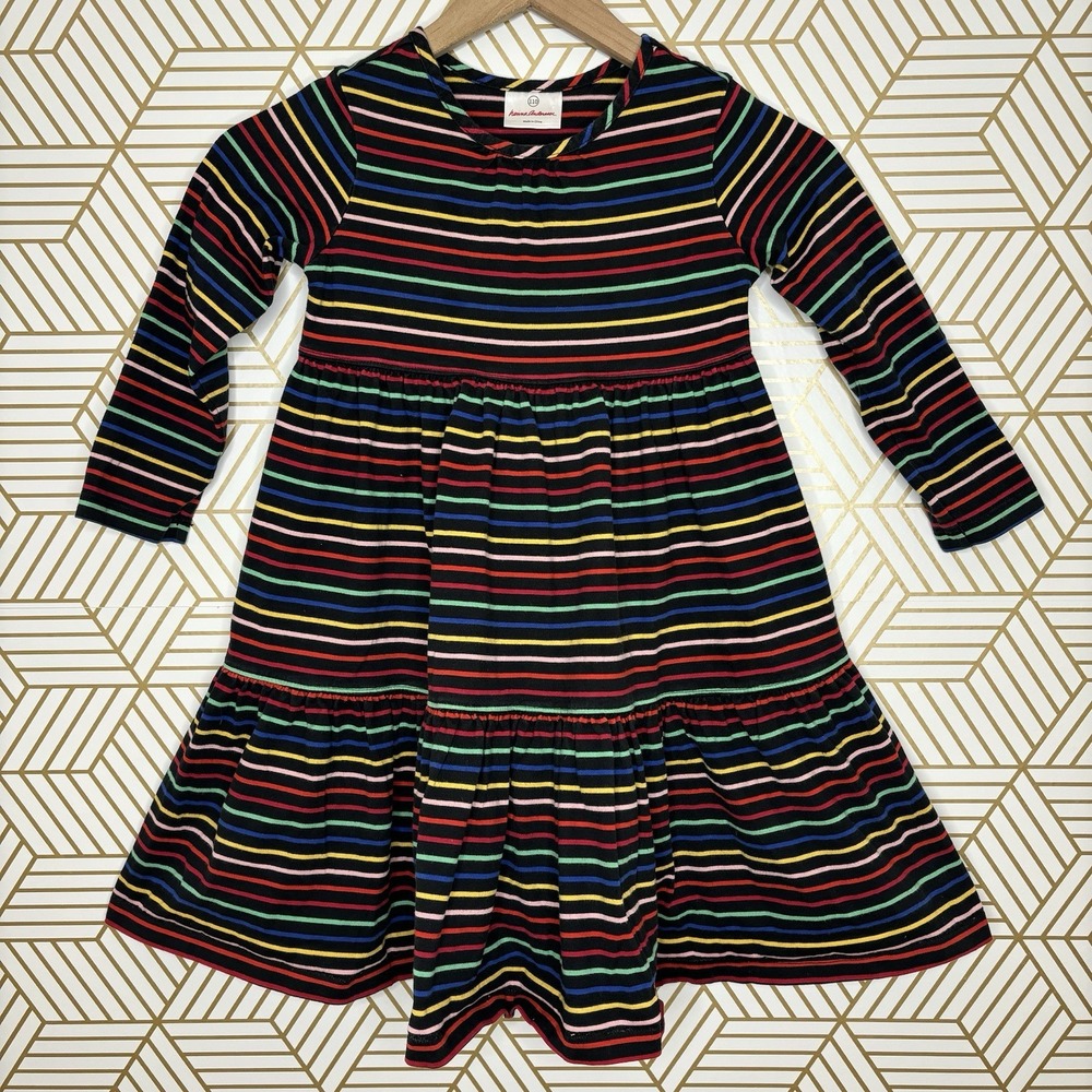 Hanna Anderson Cotton Rainbow Stripe Dress Long Sleeve Black Girls 5 Retro Cute